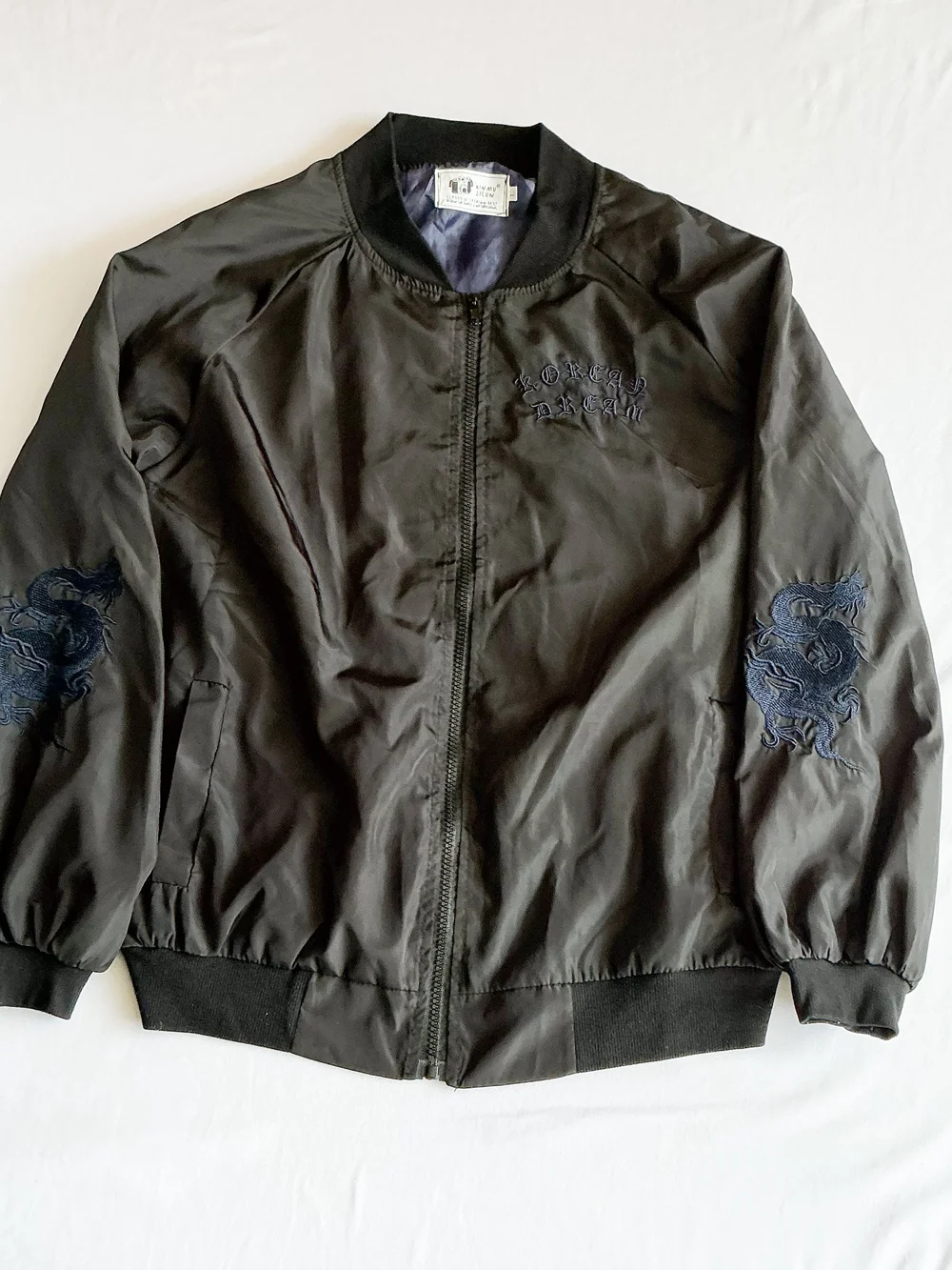 Xinmu Zicun Korea Black  Blue Satin Bomber Jacket Embroidered Dragon Sukajan Lg